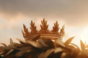 Crown on laurel wreath signifying victory and honor. Themes of triumph or heraldic design concepts. photo