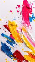 Vibrant splashes of colorful paint on white canvas background. photo