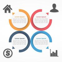 Circle diagram with four elements, steps or options, flowchart or workflow diagram template vector