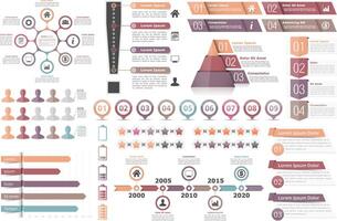 Infographic elements-circle diagram, text boxes with numbers and icons, pyramid chart, bar chart, timeline infographics vector