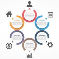 Circle diagram with six elements, steps or options, flowchart or workflow diagram template vector