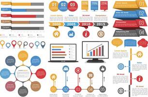 Set of infographic design elements - bar graphs, map markers, circle diagram, speech bubbles, timeline, objects with steps or options, computer and laptop vector