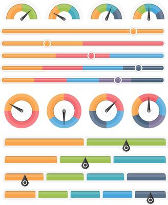 Round and horizontal indicators, gauges with different amount of sectors, infographic elements