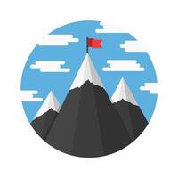 Mountains with flag on background of blue sky with clouds, success or mission concept vector