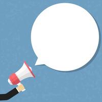 Hand with megaphone and blank round speech bubble for your text, flat design vector