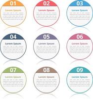 Set of nine round design elements or text boxes with numbers, steps or options vector
