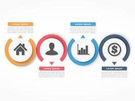 Process chart template with circles, flowchart or workflow with four elements, steps or options, business infographics vector