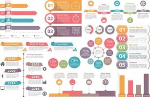 Set of infographic elements - bar graphs, timelines, circle diagram, flowchart, objects with percents, numbers, text and icons vector