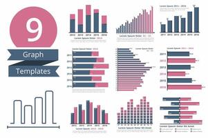 Graphs and charts templates for statistics or data visualization, set of 9 infographic templates for reports and presentations vector