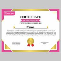 certificate template with elegant frame in gold and pink vector
