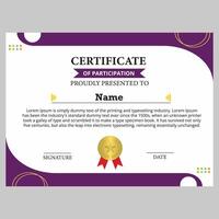 participation certificate template with an elegant and modern purple frame vector