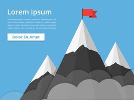Mountains with flag on background of blue sky with clouds, success or mission concept vector