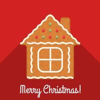 Gingerbread house on red background with Merry Christmas congratulation vector