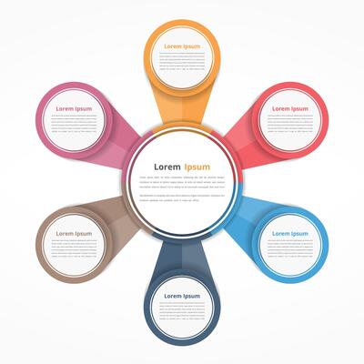 Circle diagram with six elements, steps or options, flowchart or workflow diagram template
