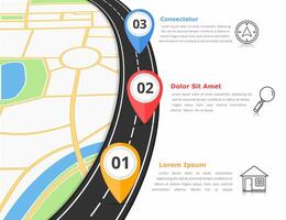 Road infographics template with three map markers and place for your text vector