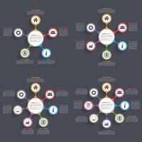 Circle diagram infographics with five, six, seven and eight elements with icons and text, circle flow chart template, business infographics, flat diagram template vector