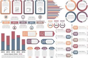 Infographic elements - objects with numbers and text, bar graphs, circle diagram, timeline, objects with percents and text, process diagram vector