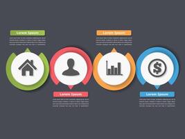 Process chart template with circles, flowchart or workflow with four elements, steps or options, business infographics vector