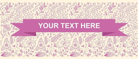 A horizontal banner design with a cream background featuring a delicate pattern of pink floral and botanical illustrations. vector