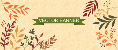 A horizontal banner with a beige background featuring spring and autumn-themed leaf illustrations in various warm colors. vector