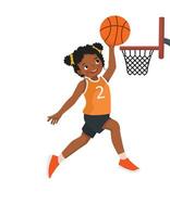 Cute little African girl jumping scoring a layup at basketball game vector