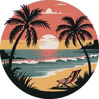 A vintage beach scene with a sunset in the background vector
