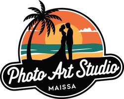 Bride and groom silhouette on a beach with a palm tree in the background vector