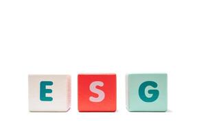text ESG Environmental Social and Governance on colorful wooden isolated on a white background photo