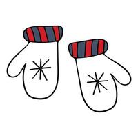 Doodle illustration of winter white mittens with a snowflake on a white background. vector