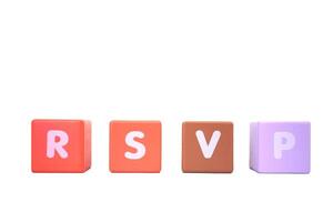 The word RSVP is made with colorful building blocks isolated on a white photo