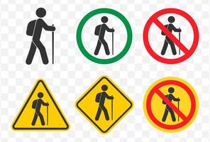 Hiking, path, walking stick icon symbol. Hiker, backpacker logo sign. Journey, illustration image. Prohibited, No, Not allowed, Forbidden. vector