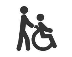 Man pushing a wheelchair with a patient icon symbol. Wheel chair invalid assistance. illustration image. Isolated on white background. vector