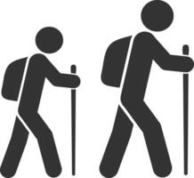 Hiking, path, walking stick icon symbol. Hiker, backpacker logo sign. Journey, Two hikers illustration image. Isolated on white background. vector