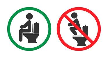 Correct way to use water closet, icon symbol. Do not squat on top on toilet. WC, toilet sign. No, Prohibited, forbidden. illustration image. Isolated on white background. vector