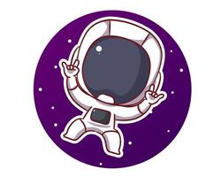 Cute astronaut floating in space with metal hand sign cartoon character. Space and science concept design. Hand drawn flat adorable chibi illustration. Icon logo mascot isolated background. vector