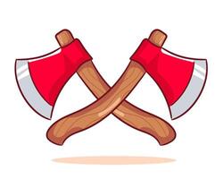 Crossed Axe Cartoon . Wooden Red Axe Icon, logo illustration. Weapon Object Concept Design. Isolated white background. vector
