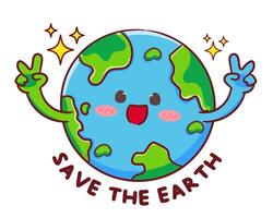Cute Groovy Earth With Peace Hand Cartoon . Save the Eave Concept Design. Smiling Positive Vibes Icon Vintage Style. vector