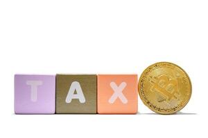 text tax on colorful wooden and coin bitcoin isolated on a white background photo