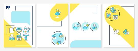 Film production blue and yellow brochure template. Filmmaking, acting. Leaflet design with linear icons. Editable 4 layouts for presentation, annual reports vector