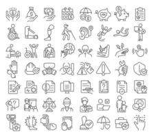 Workers compensation linear icons set. Workplace safety. Medical care. Hospitalization, insurance. Customizable thin line symbols. Isolated outline illustrations. Editable stroke vector
