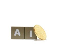 text AI Artificial Intelligence on colorful wooden and coin isolated on a white photo