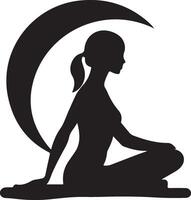 silhouette of a woman sitting in a lotus position with a crescent moon in the vector