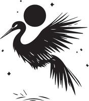a black and white drawing of a crane with a moon in the background vector