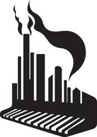 a black and white image of a city with smoke coming out of the piano vector