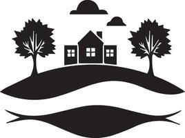 a black and white logo of a house and trees vector