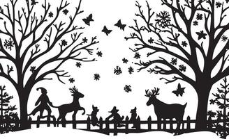 winter scene with deer, birds and trees vector