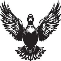 a black and white drawing of a duck with wings spread vector