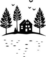 a black and white silhouette of a house and trees vector