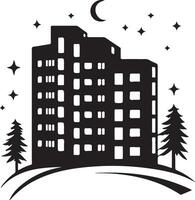 a black and white silhouette of a building with trees and stars vector