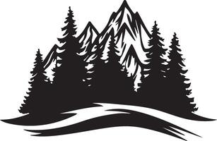 a black and white illustration of a mountain range with trees vector